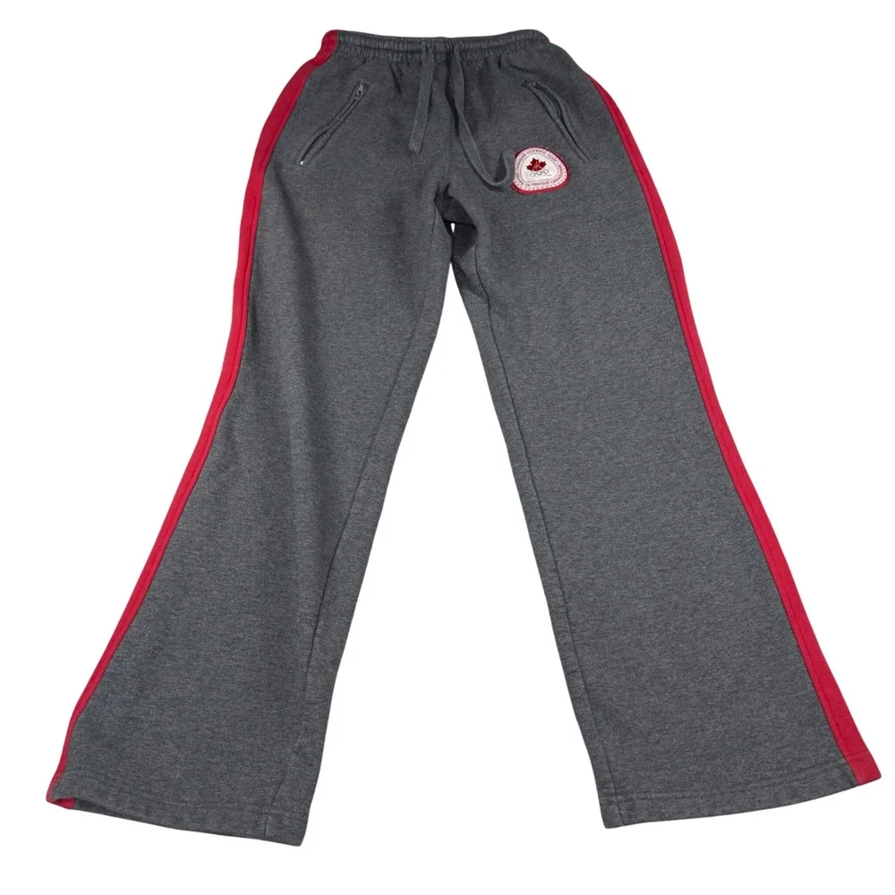 Canadian Olympic Team Grey Red Fleece‎ Sweatpants Wide Leg Zip Pockets S Vinage